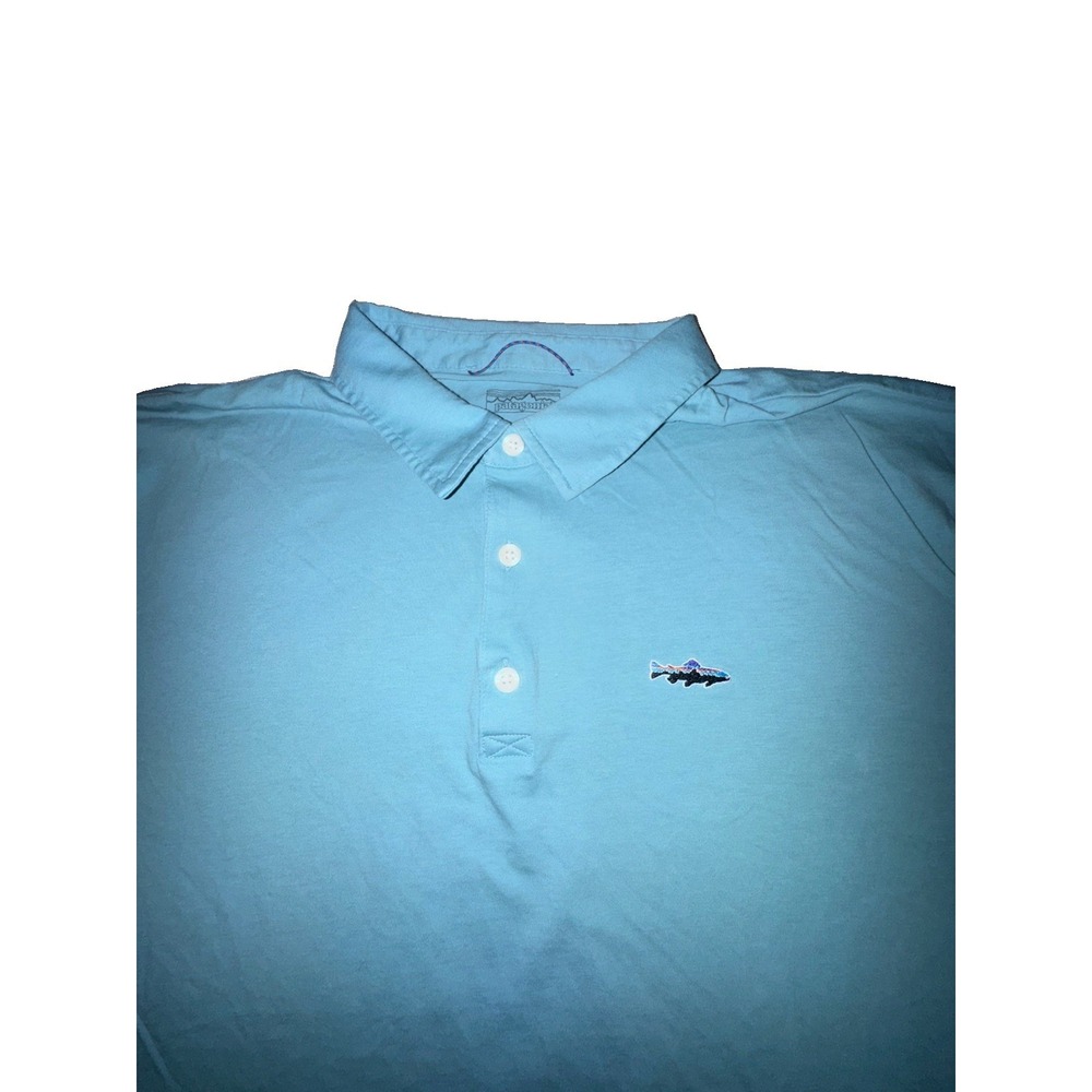 Patagonia Fitz Roy Trout Fish Logo Polo Shirt Mens Large Blue Organic Cotton